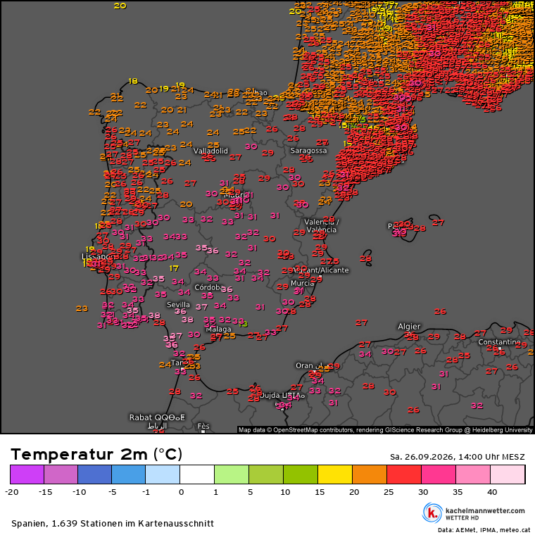 Temperatur 2m, Messwerte <i>Spanien</i> vom 26.09.2026, 14:00 Uhr